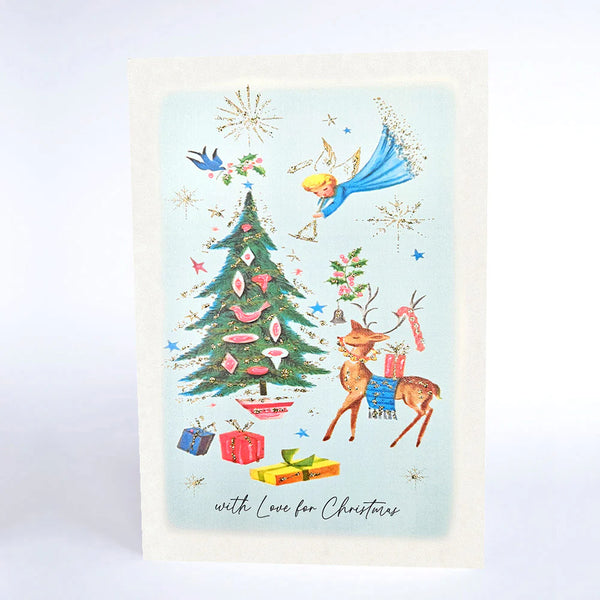Christmas-themed illustration with a tree, deer, and fairy on a light blue background.