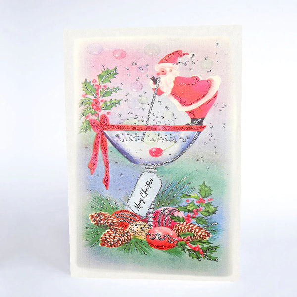 Christmas-themed card with Santa Claus, ornaments, and holly on a white background