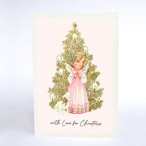 Vintage-style Christmas card with an angel and tree on a light background