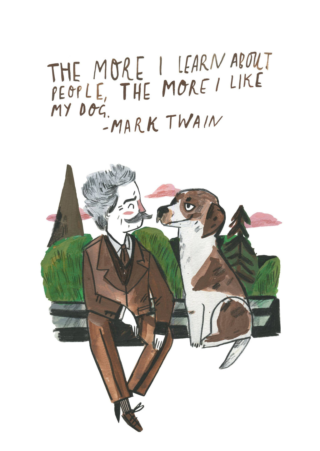 Illustration of a man and dog sitting together with a Mark Twain quote on a white background