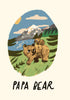 Illustration of a bear and cub with mountains and text 'Papa Bear' on a white background
