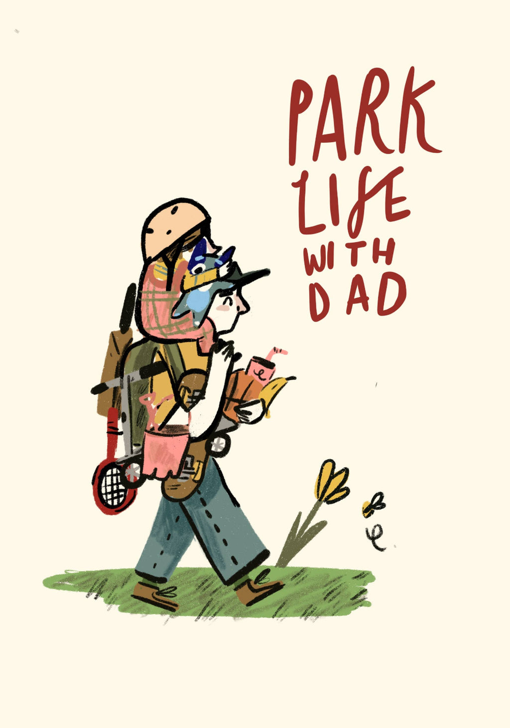 Illustration of a person with a backpack and child, holding a book, with 'Park Life with Dad' text.