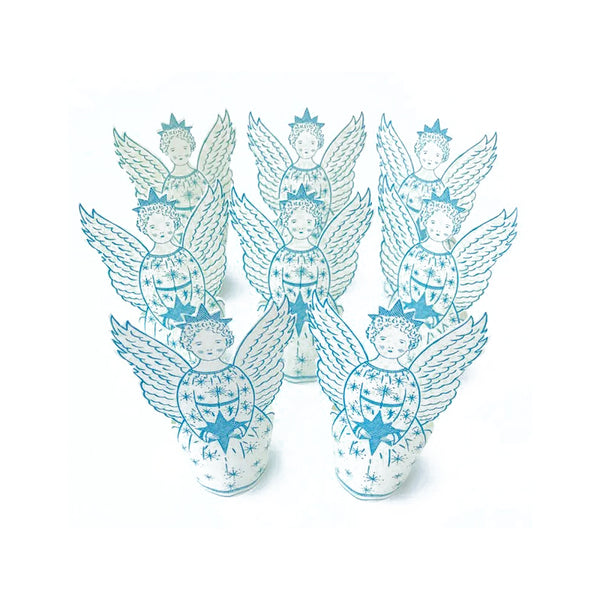 Set of angel figurines with blue designs on a white background
