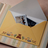 A yellow envelope with a printed swan, bear, and floral pattern is shown open inside a striped paper envelope, with two small printed photos partially visible.