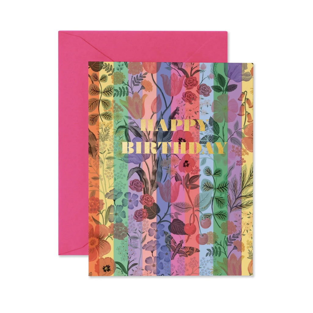 Colorful birthday card with floral patterns and 'Happy Birthday' text, pink envelope.