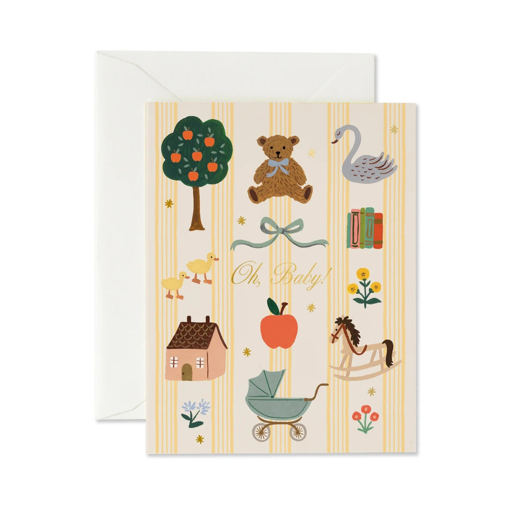 Greeting card with baby-themed illustrations and 'Oh Baby!' text on a striped background.