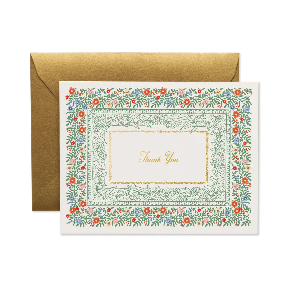 Floral card with 'Thank You' text and gold envelope on white background