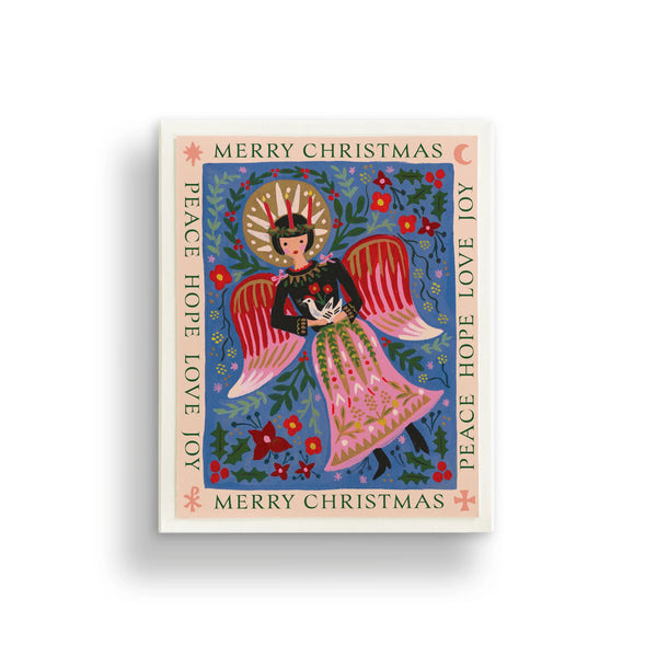 Christmas card with an angel illustration and festive text on a white background
