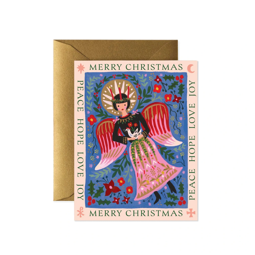 Christmas card with an angel illustration and festive text on a white background