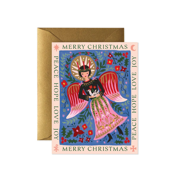 Christmas card with an angel illustration and festive text on a white background