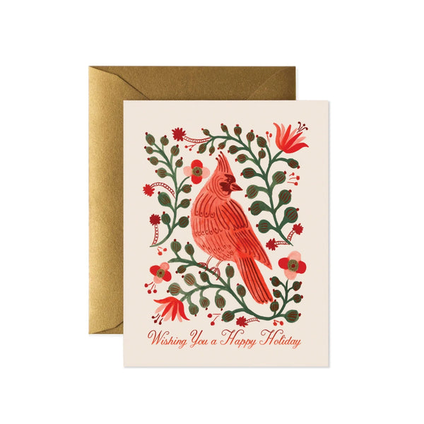 Greeting card with red cardinal bird design and gold envelope on white background