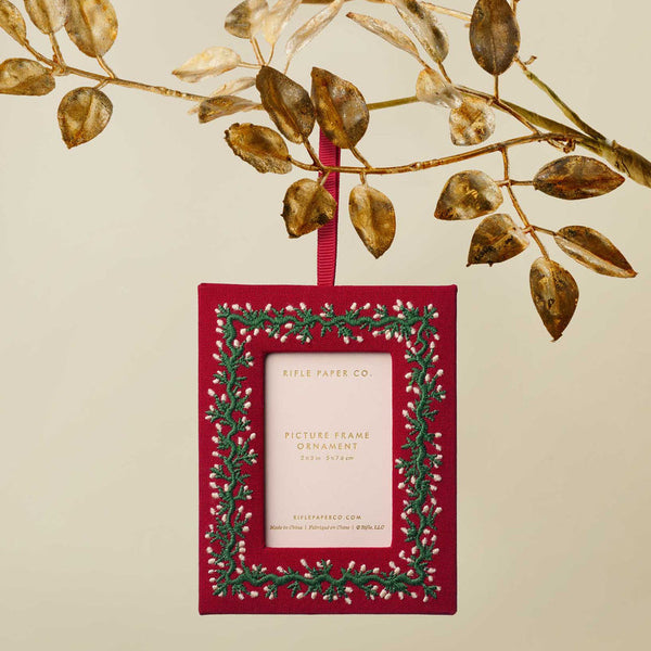 Red picture frame with greenery design hanging on a branch against a beige background