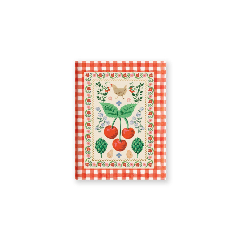 Decorative kitchen towel with cherry design on a red and white checkered border