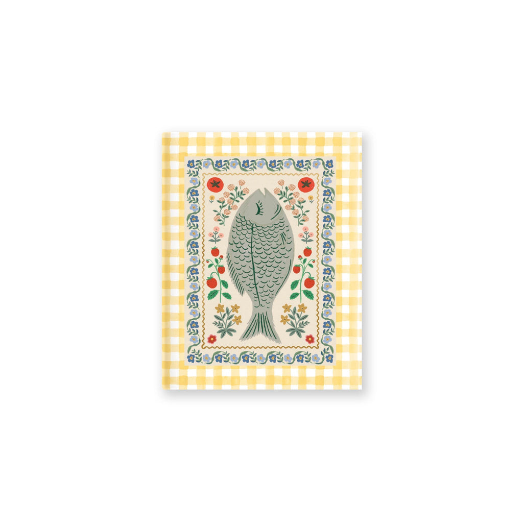 Decorative card with a fish illustration on a yellow checkered background
