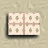 Cream textured card with a repeating hand-painted Christmas tree pattern, pink bows, and gold foil accents.