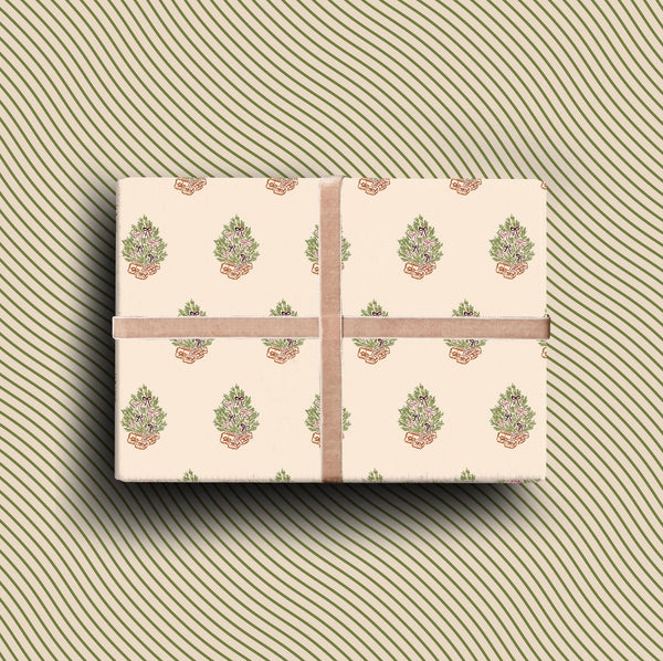 Cream textured card with a repeating hand-painted Christmas tree pattern, pink bows, and gold foil accents.