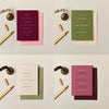 Four luxury A6 Christmas cards in burgundy, olive, pink, and cream with metallic foil typography and festive icons.