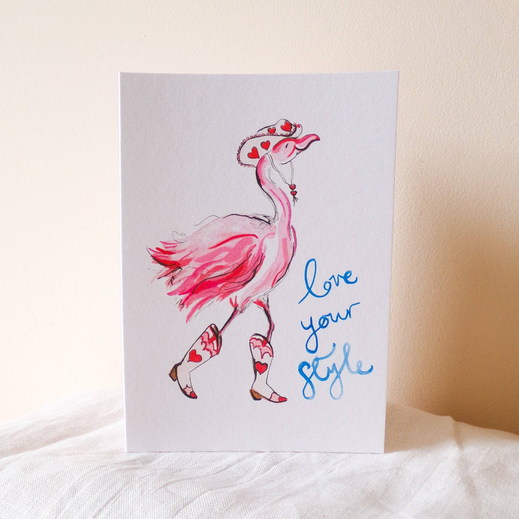 Card with a pink flamingo illustration and 'love your style' text on a white background.