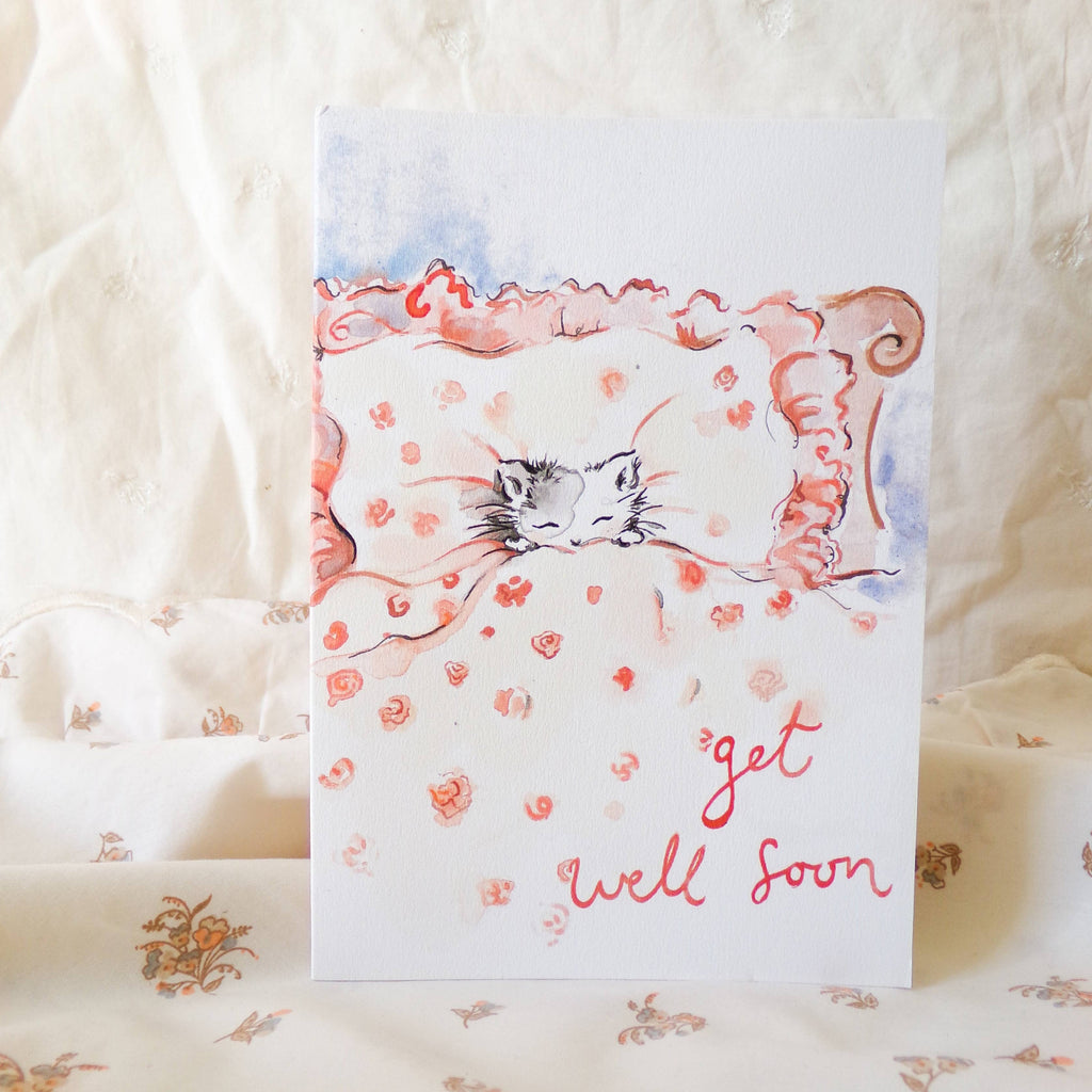 Get well soon card with cat illustration on floral background