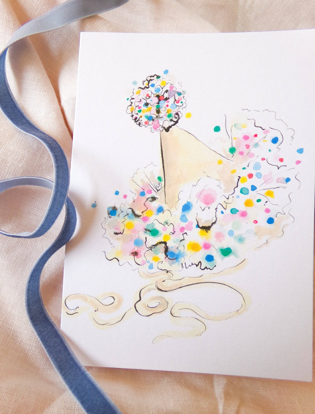 Colorful birthday card with a cake and balloons on a beige background