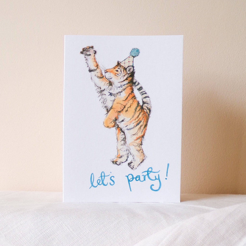 Greeting card with a tiger wearing a party hat and 'Let's Party!' text on a white background.