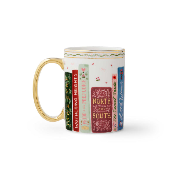 Mug with book-themed design on a white background