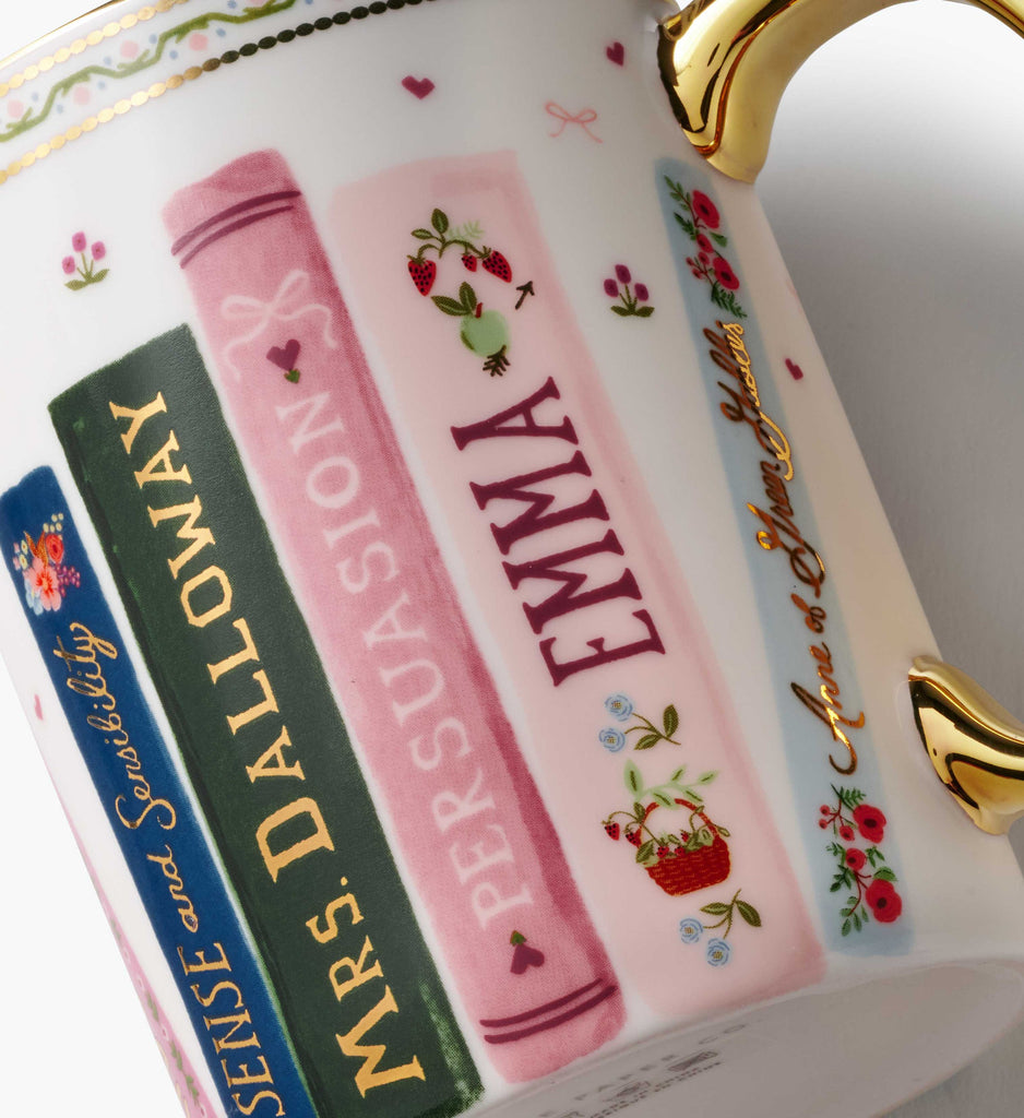 Teacup with book design featuring Jane Austen titles