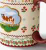 Mug with cow illustration and decorative patterns on a white background