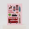 Birthday card with London-themed illustrations on a white background