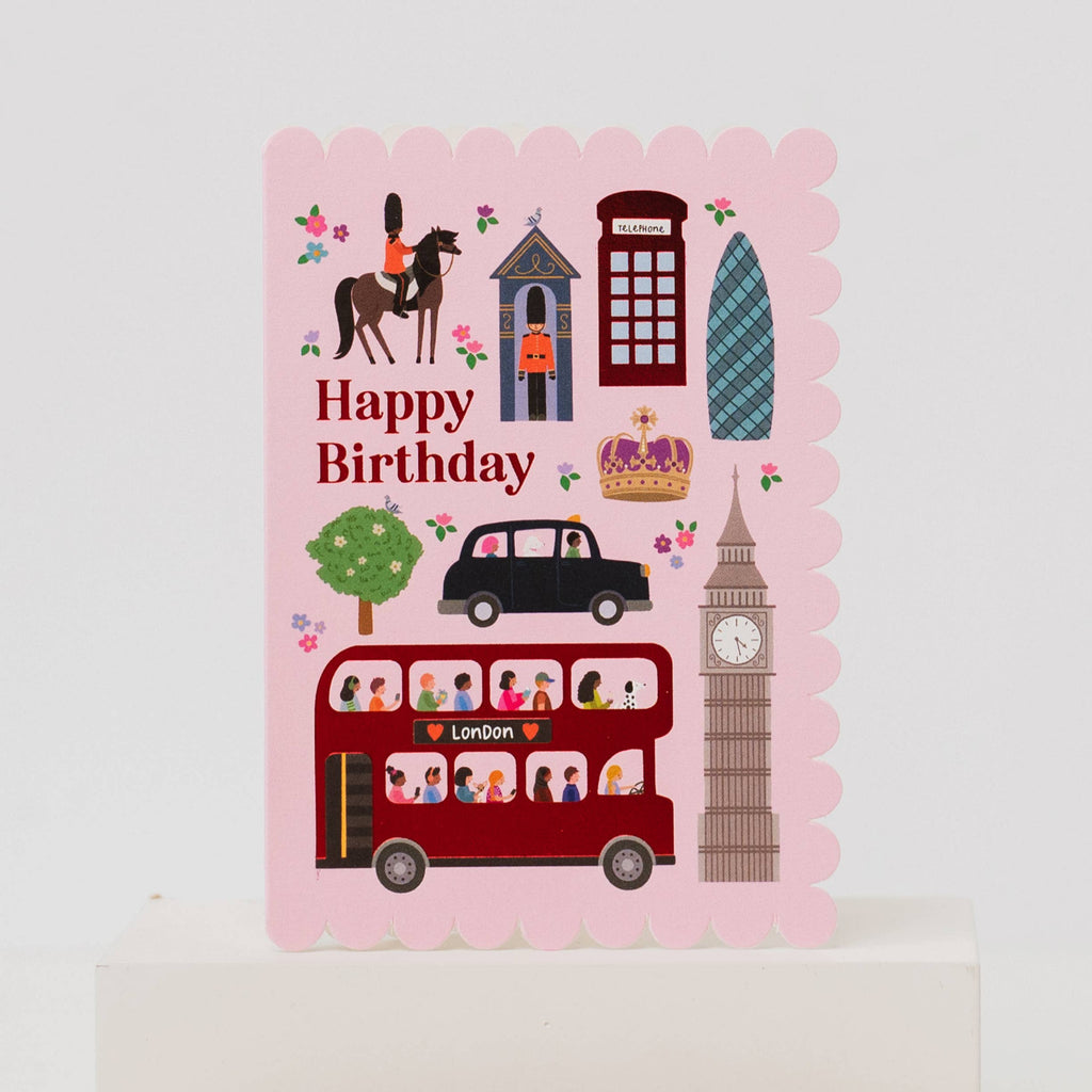 Birthday card with London-themed illustrations on a white background
