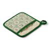 Green and beige patterned pot holder on a white background