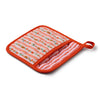 Floral patterned pot holder with orange border on a white background
