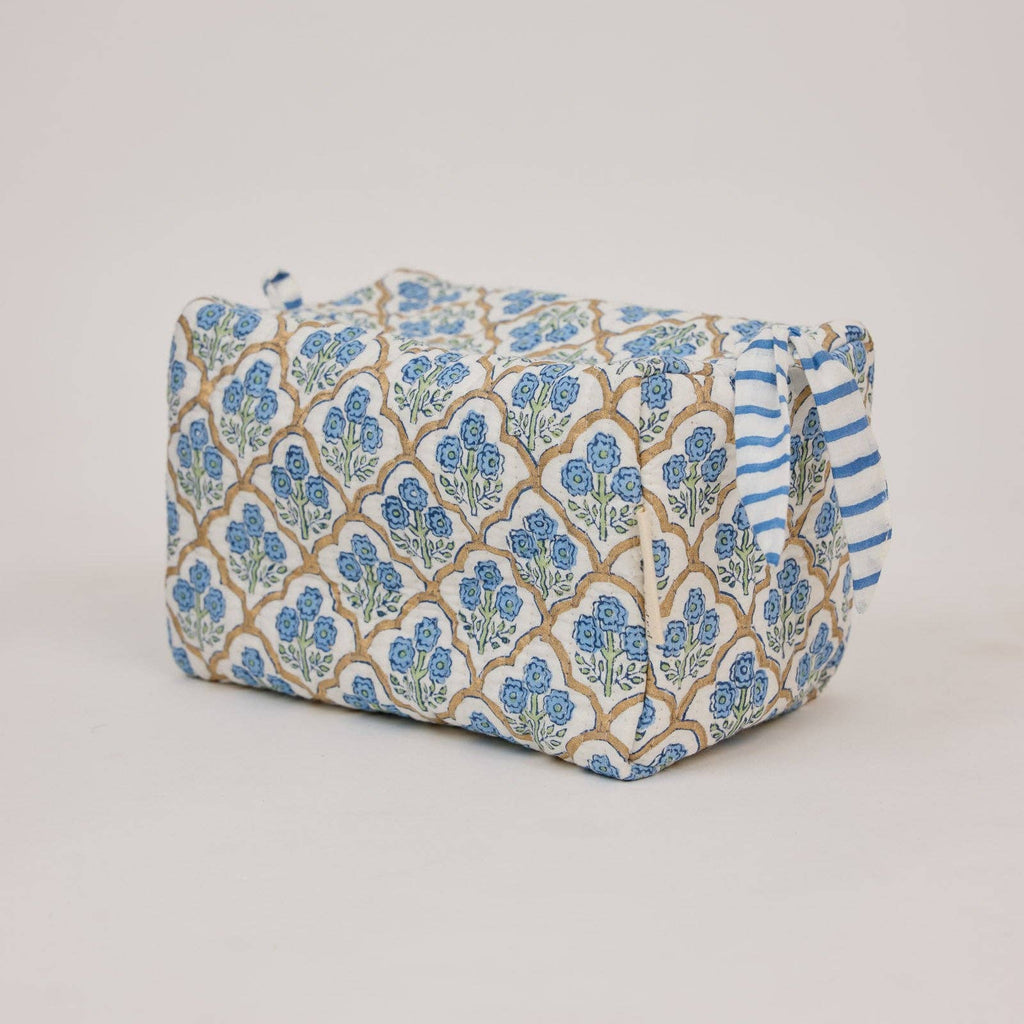 Rectangular fabric pouch with blue and beige pattern on a light gray background