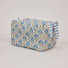 Rectangular fabric pouch with blue and beige pattern on a light gray background