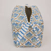Fabric pouch with blue floral pattern on a white background