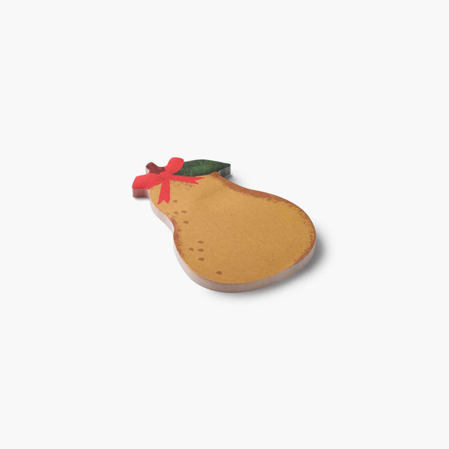 Note pad shaped like a pear with a red leaf on a white background