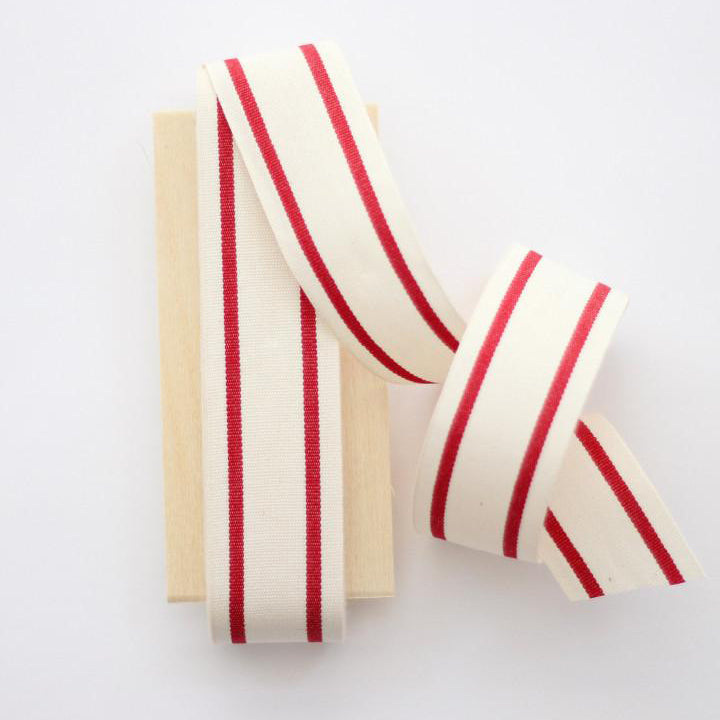 Studio Carta Striped Cotton Ribbon - Wood Paddle 10 yds - Natural & Red