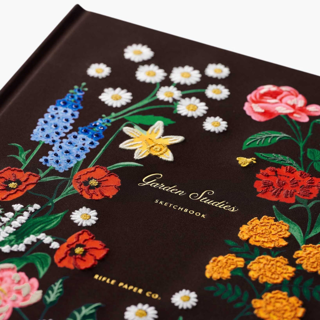 Floral design sketchbook with 'Garden Studies' and 'Bible Paper Co.' branding on a white background