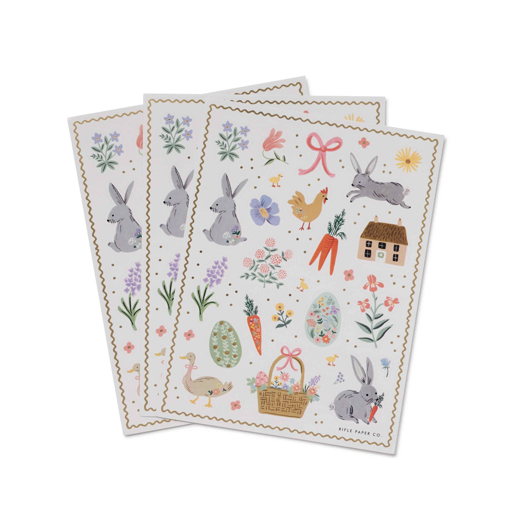Three decorative paper sheets with Easter-themed illustrations on a white background