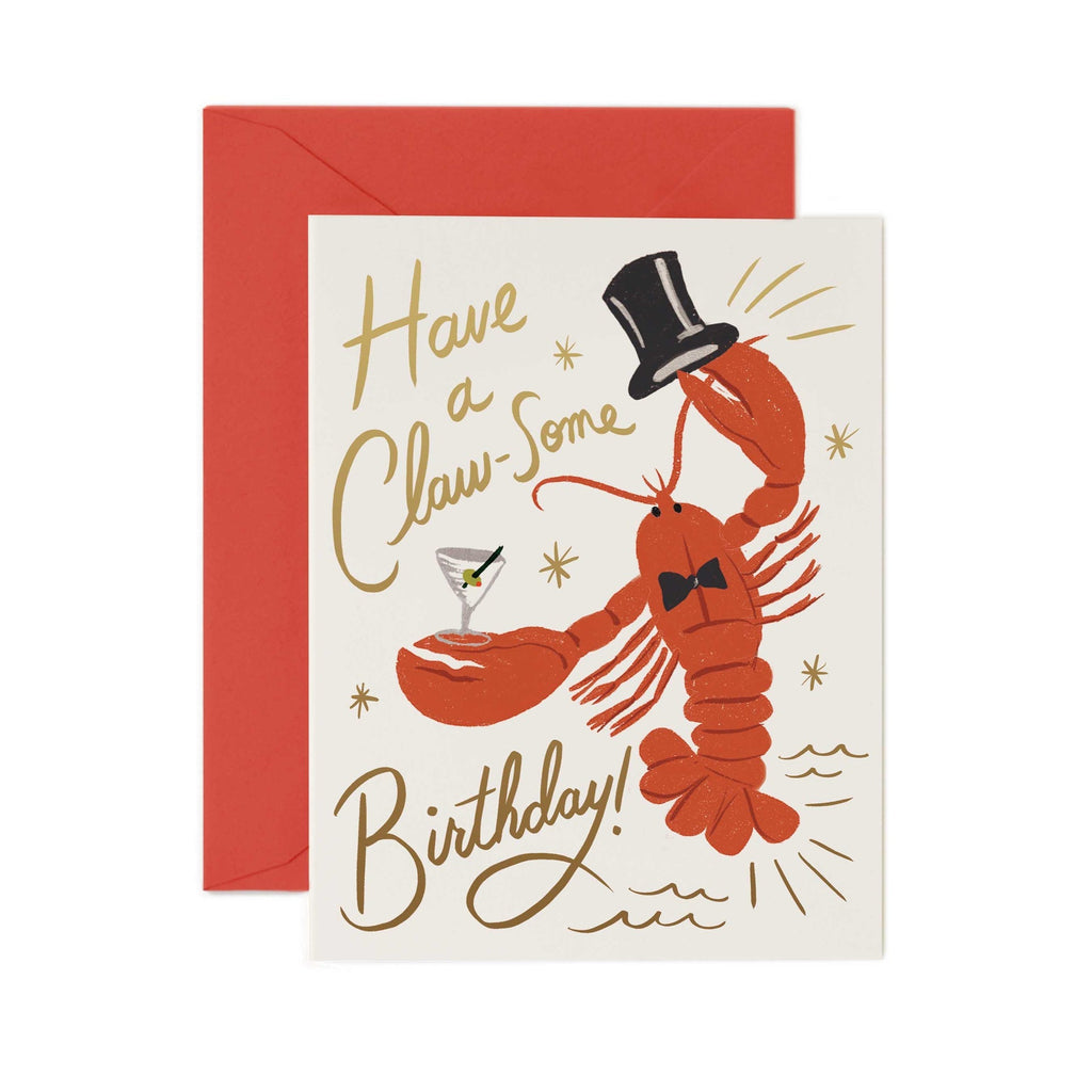 Birthday card with a lobster illustration and text 'Have a Claw-some Birthday!' on a white background.
