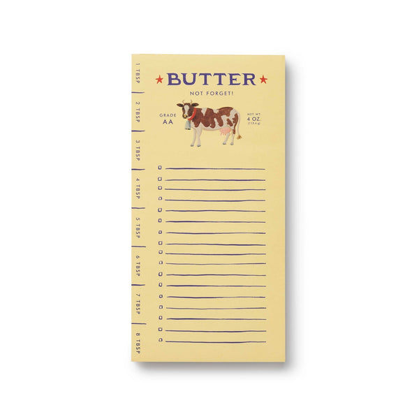 Notepad with a cow illustration and 'Butter Not Forgotten' text on a white background