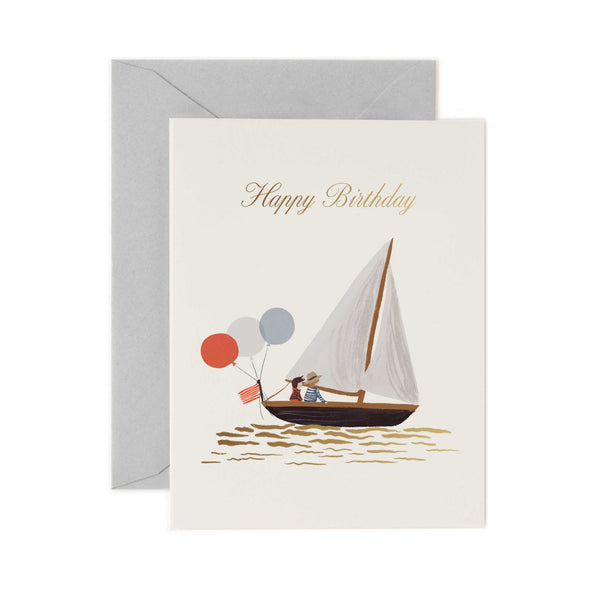Birthday card with sailboat and balloons design on a white background