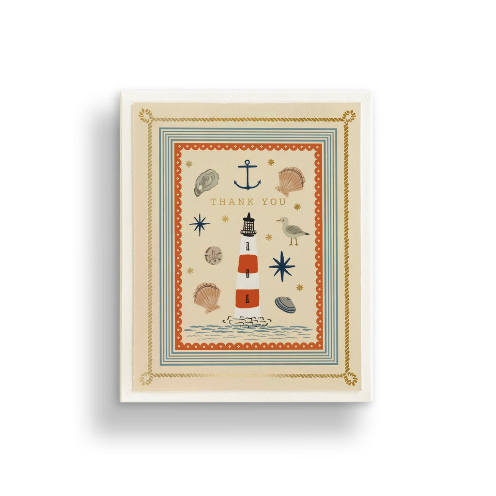 Framed artwork with nautical-themed illustrations and 'Thank You' text on a beige background.