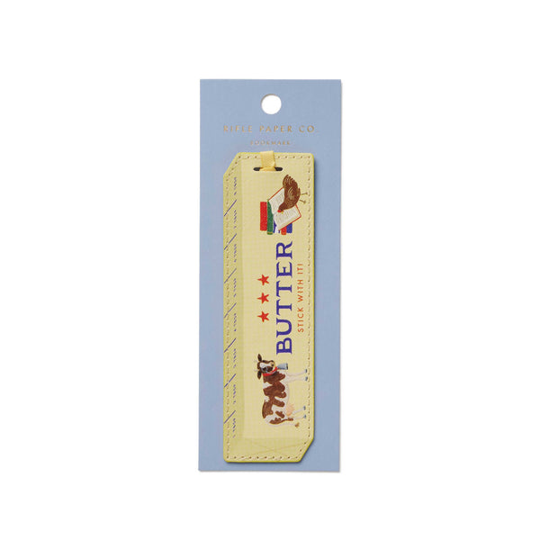 Bookmark with illustrations on a blue card, featuring the brand 'Butter'.