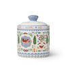 Decorative ceramic jar with farm animal illustrations and 'Sweet Home' text on a white background