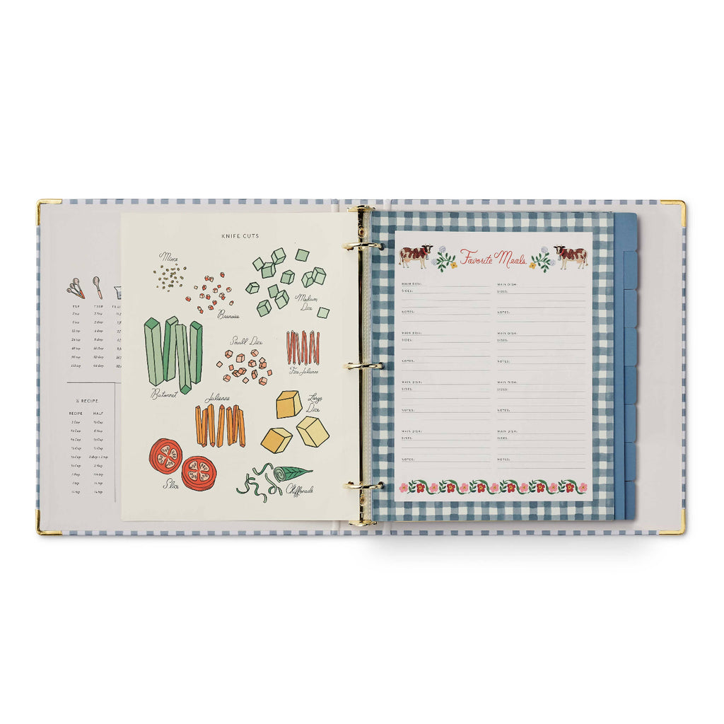 Open recipe book with illustrated ingredients and checkered design on a white background