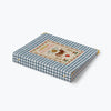 Checkered box with a decorative label on a white background