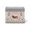 Decorative recipe box with cow illustration and checkered pattern on a white background