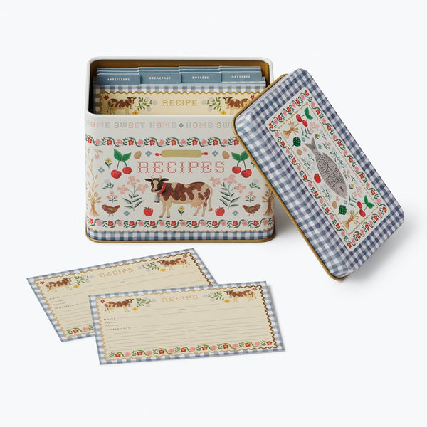 Set of recipe cards in a decorative tin with farm-themed illustrations on a white background.