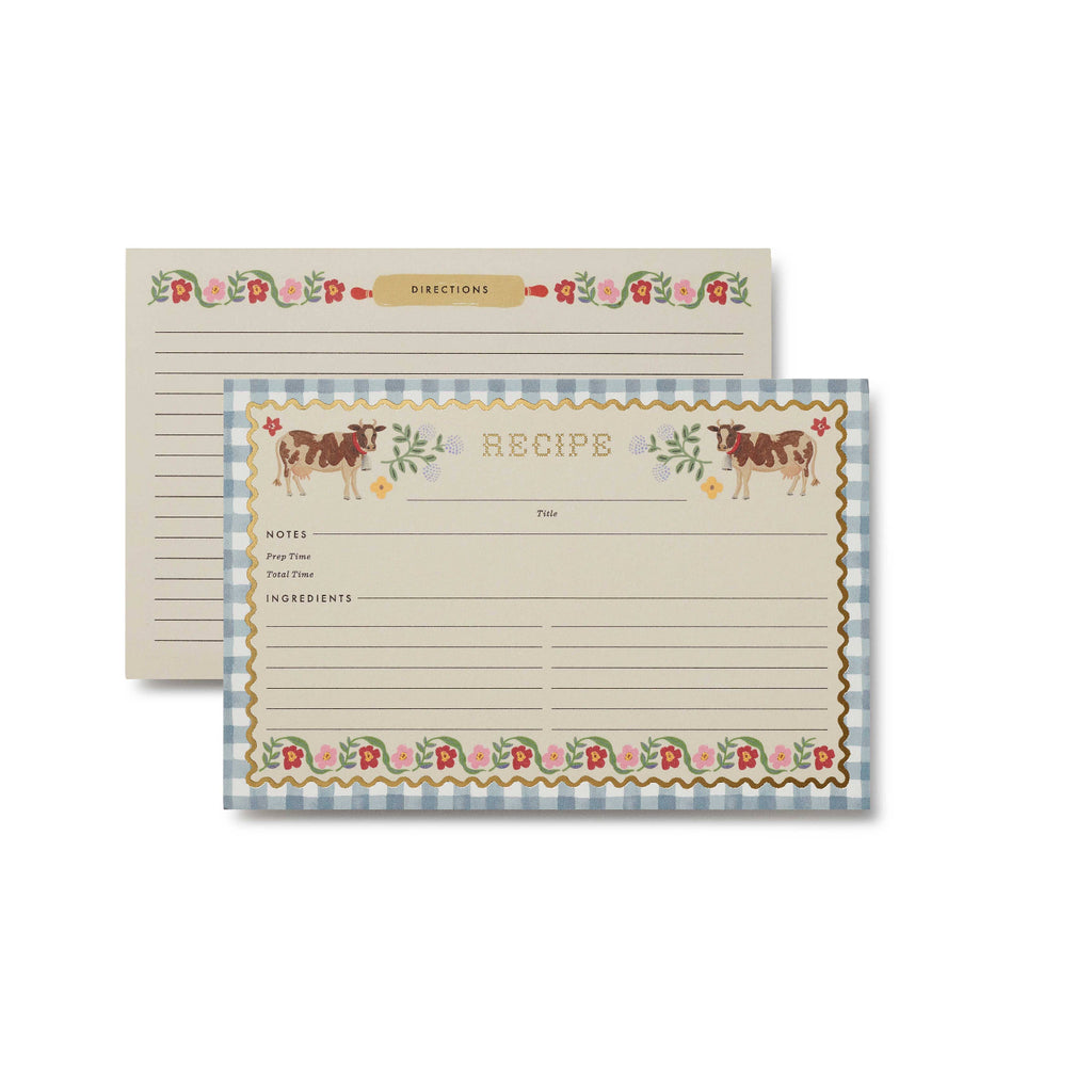 Set of recipe cards with cow and floral design on a white background
